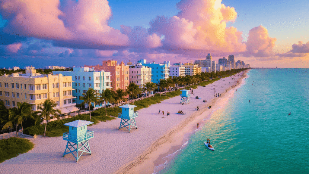 South Beach in May: Your Ultimate Sun-Soaked Paradise Revealed "Aerial view of South Beach Miami in May featuring pastel Art Deco lifeguard towers, turquoise waters, palm-lined Ocean Drive, beachgoers on white sand, paddleboarders in water, people on Miami Beach Boardwalk, and golden hour lighting."