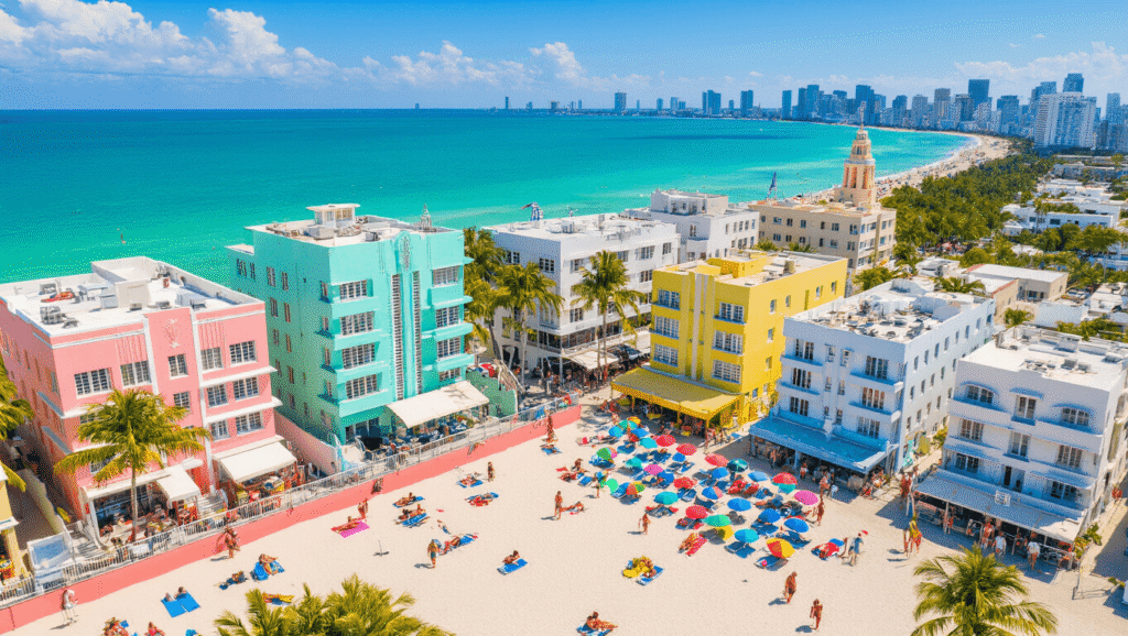 South Beach Miami August: Your Ultimate Guide to Sun, Sand, and Sizzling Summer Adventures "Aerial view of a vibrant South Beach Miami in summer with pastel Art Deco buildings, bustling beach activities, colorful lifeguard towers, and the city skyline under a bright blue sky"