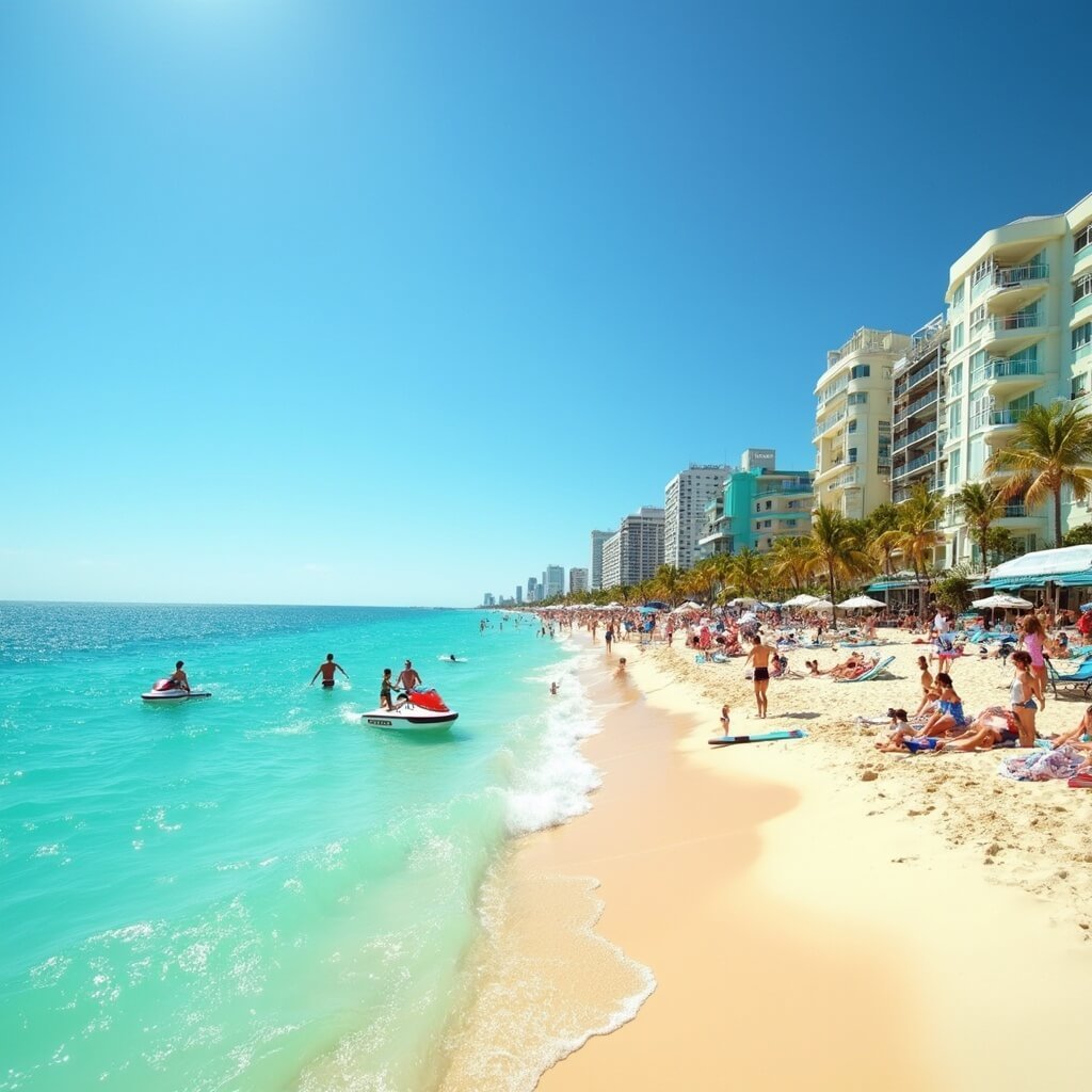 Why March in South Beach is Your Ultimate Tropical Escape (Without the Crowds!) Beachgoers enjoying water sports in turquoise waters at South Beach, with palm trees, golden sand, and pastel-colored Art Deco buildings of Ocean Drive in the background.