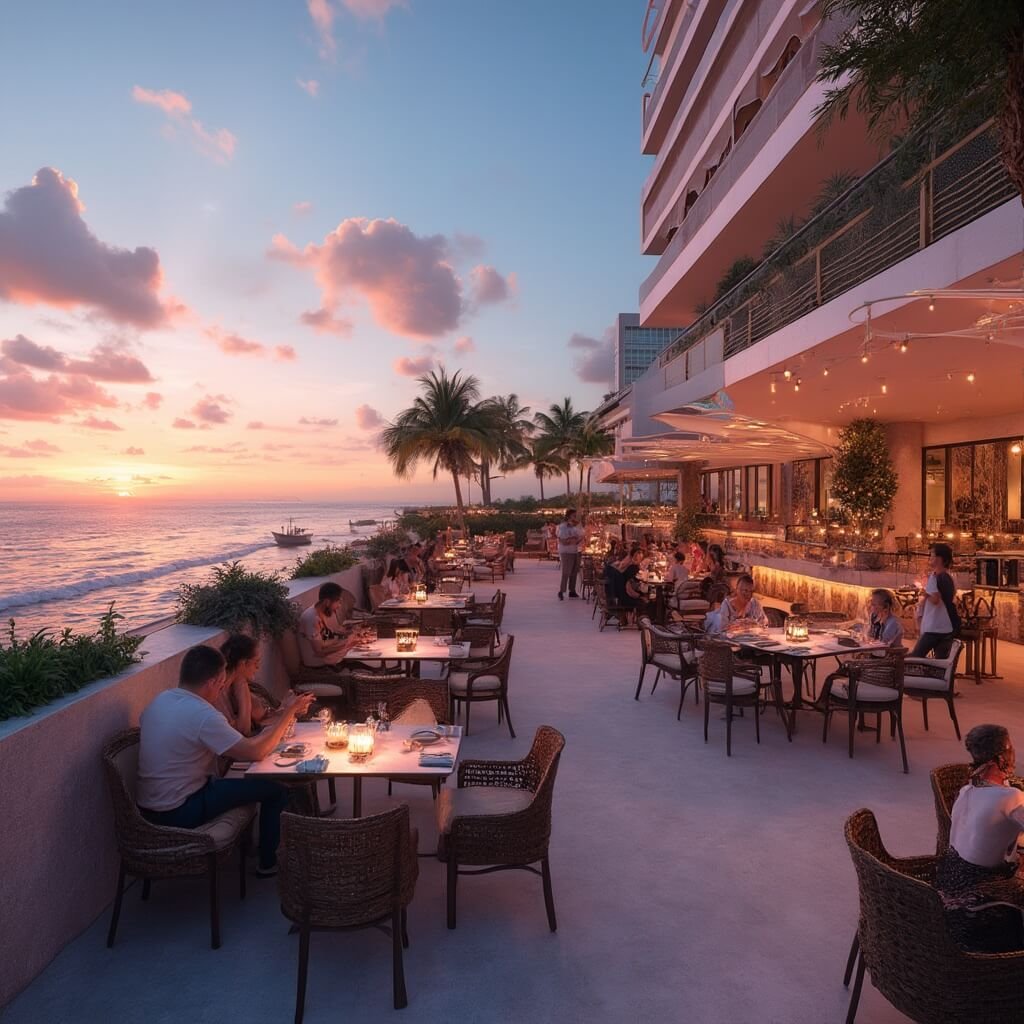 Why South Beach in January is Your Perfect Winter Escape Stylish diners at a vibrant South Beach rooftop restaurant with modern minimalist design, enjoying fusion cuisine against a backdrop of panoramic ocean view, sunset sky, contemporary Miami architecture, and elegant outdoor dining setup with tropical color palette