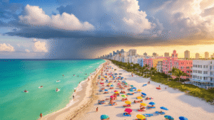"Aerial view of vibrant South Beach Miami in summer, filled with colorful umbrellas and sunbathers on white sand, turquoise ocean waters, art deco hotels, palm trees, people enjoying water sports, and threatening storm clouds over the city skyline, during the golden hour."