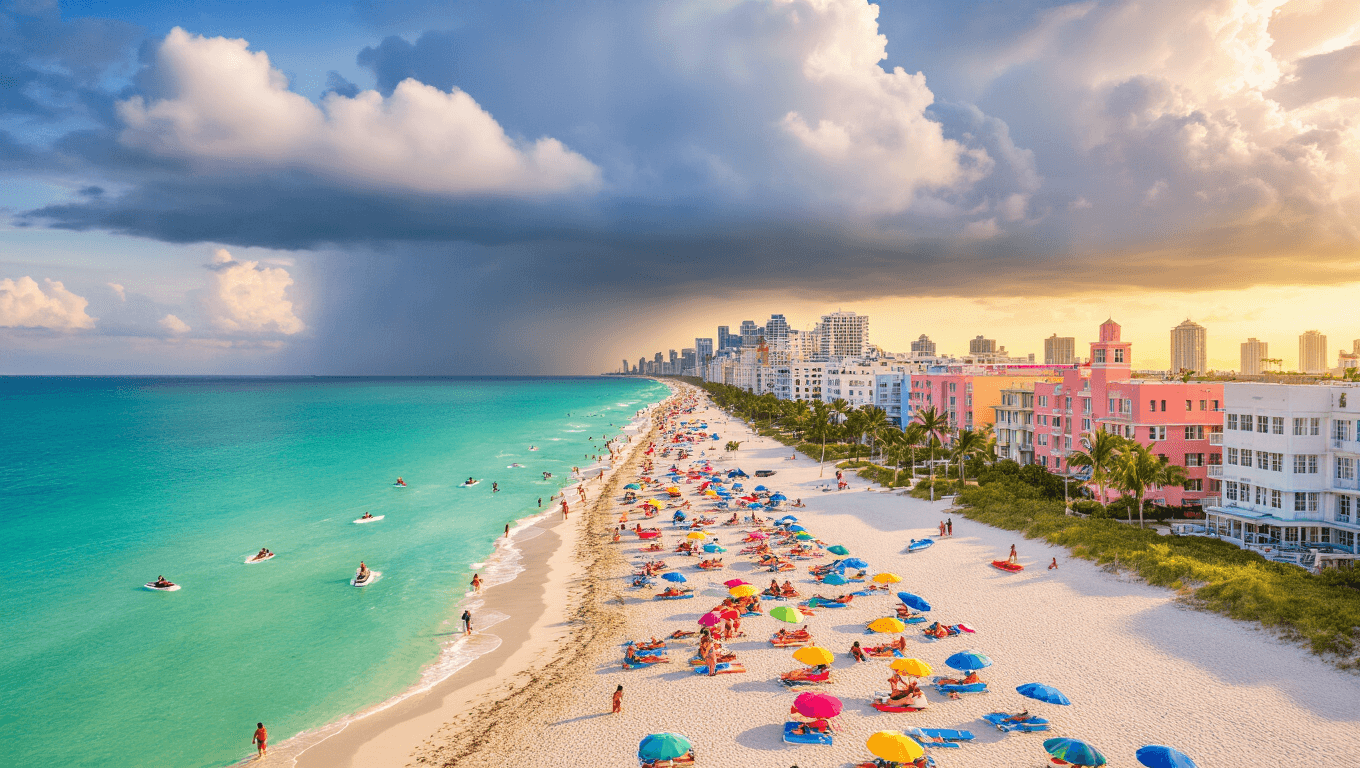 "Aerial view of vibrant South Beach Miami in summer, filled with colorful umbrellas and sunbathers on white sand, turquoise ocean waters, art deco hotels, palm trees, people enjoying water sports, and threatening storm clouds over the city skyline, during the golden hour."