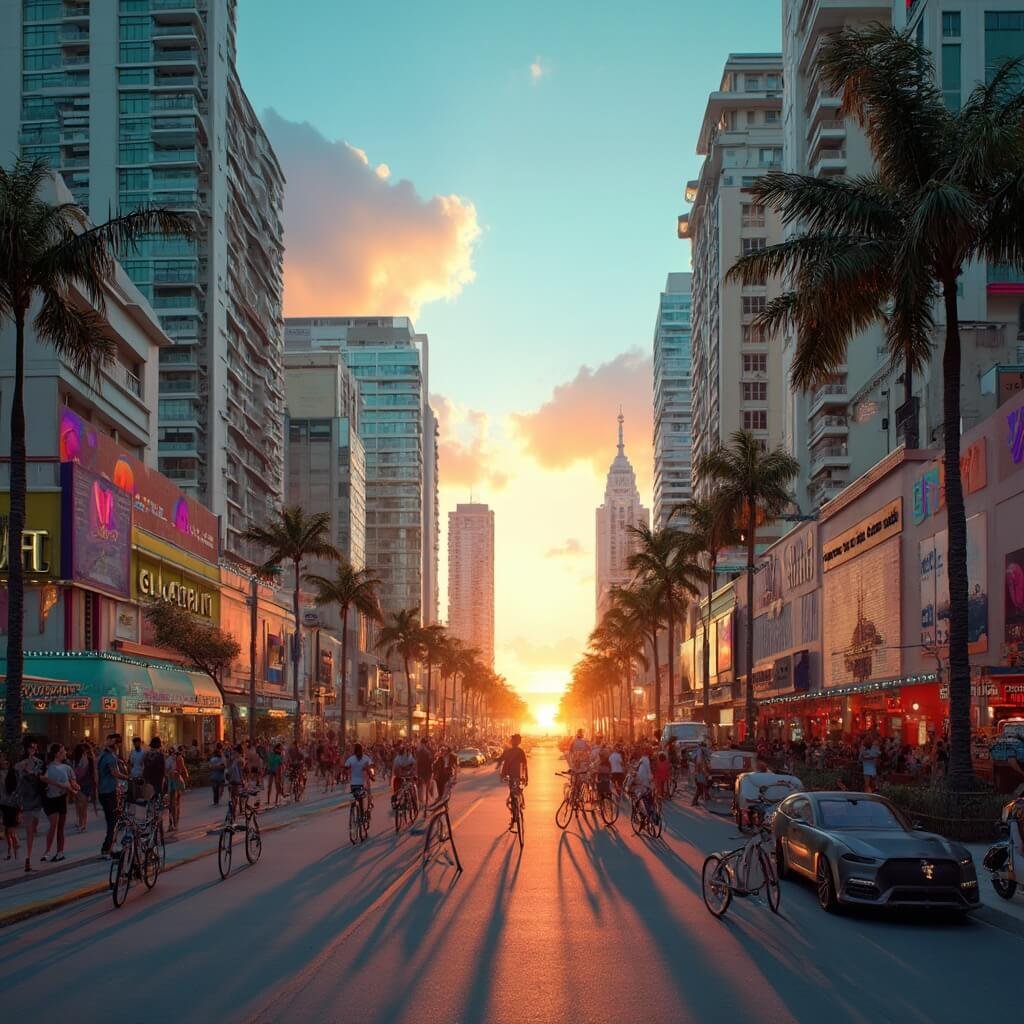 Why South Beach in February is Your Ultimate Winter Escape (Without the Winter Chill!) Sunset cityscape of Miami South Beach with modern skyscrapers, Art Deco architecture, palm trees, colorful buildings and people walking, with bikes in the foreground