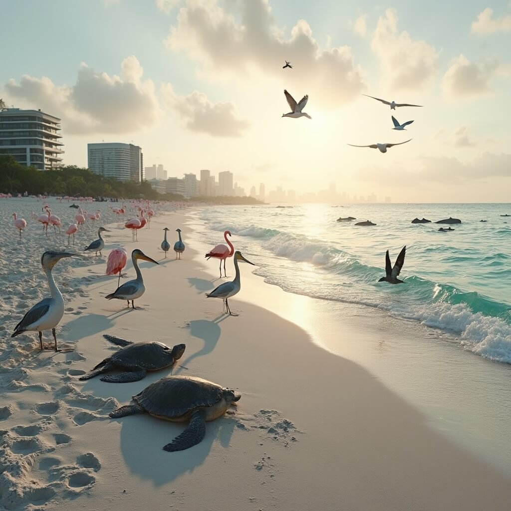 Why South Beach in April is Your Ultimate Escape: Insider's Guide Sea turtles nesting on a South Beach shoreline at dawn with birds flying overhead, flamingos in shallow water, dolphins in distance and faint Miami skyline in the background.