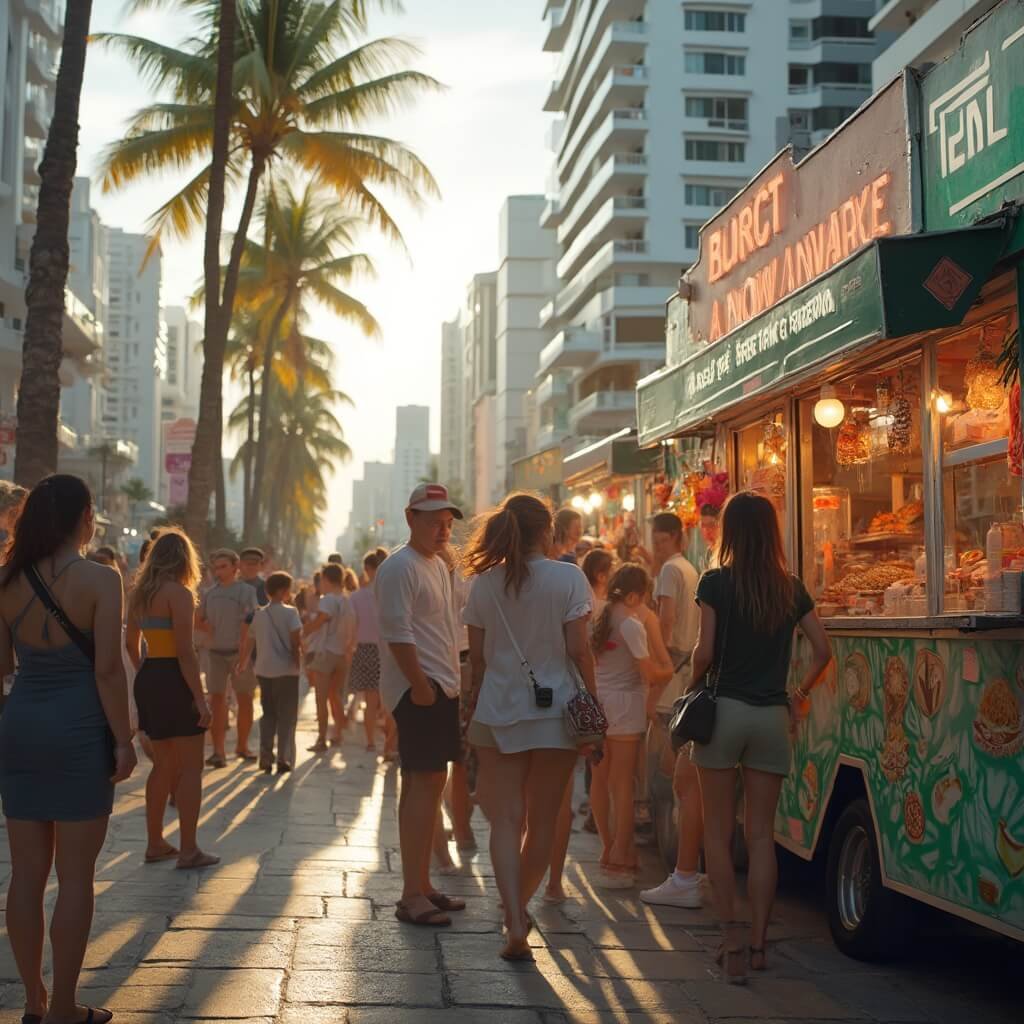 Escape the Winter Chill: Why South Beach in December Will Blow Your Mind Diverse young travelers at a bustling food truck area near Lincoln Road, enjoying the colorful street food displays in a tropical urban setting with modern Miami architecture, under warm natural lighting, representing the blend of energy and culinary diversity.