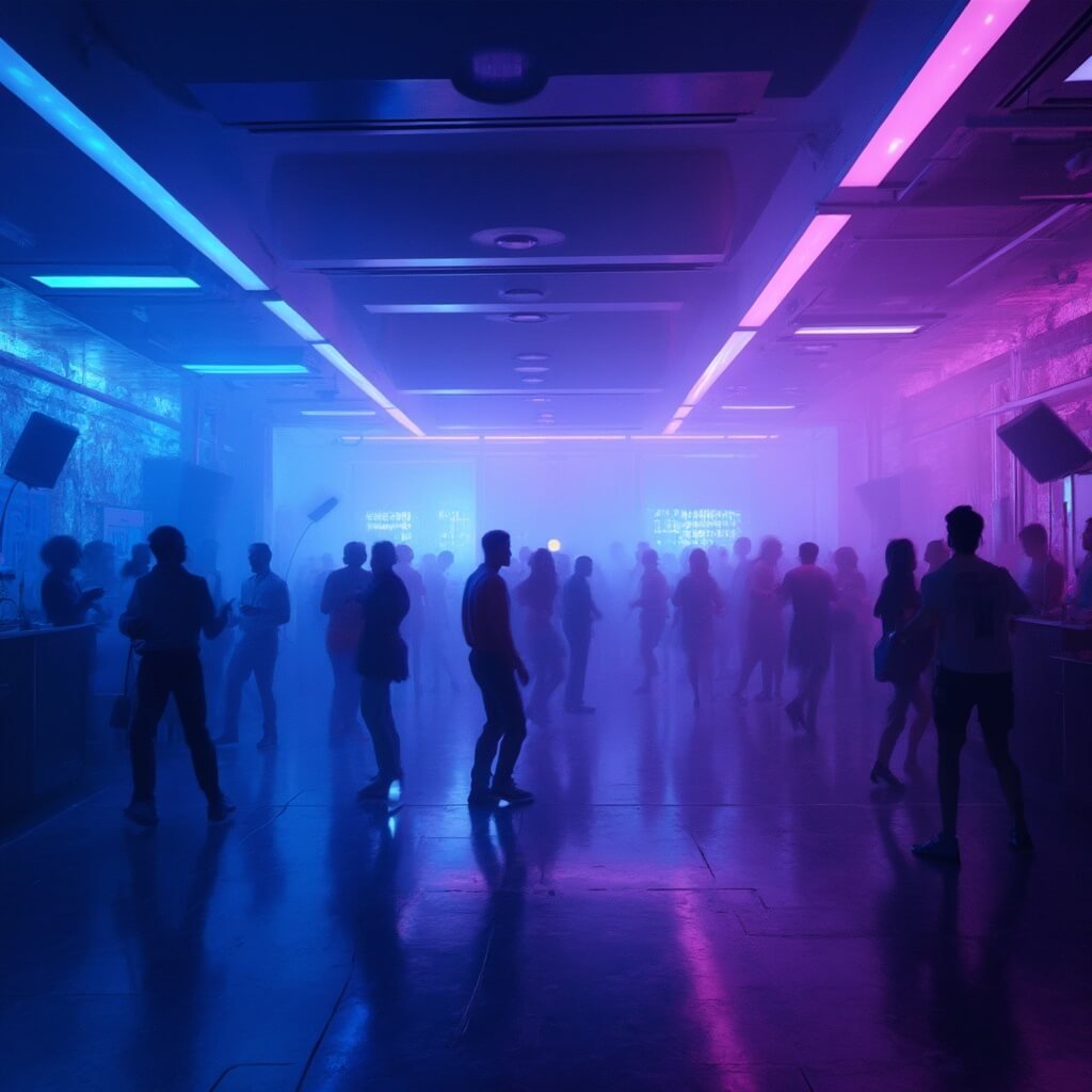 Why September is South Beach's Best-Kept Travel Secret Miami nightclub interior featuring dramatic lighting, modern design, DJ booth, energetic crowd, neon purple and blue palette, high-end sound system and spacious dance floor