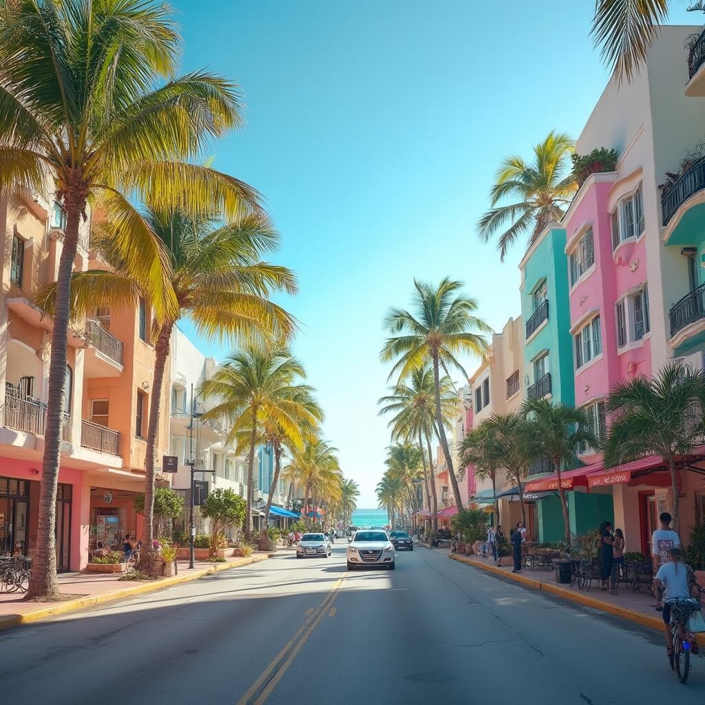Why South Beach in February is Your Ultimate Winter Escape (Without the Winter Chill!) Sunlit Ocean Drive in South Beach Miami with Art Deco pastel colored buildings, palm trees and pedestrians, blue sky and distant turquoise ocean view
