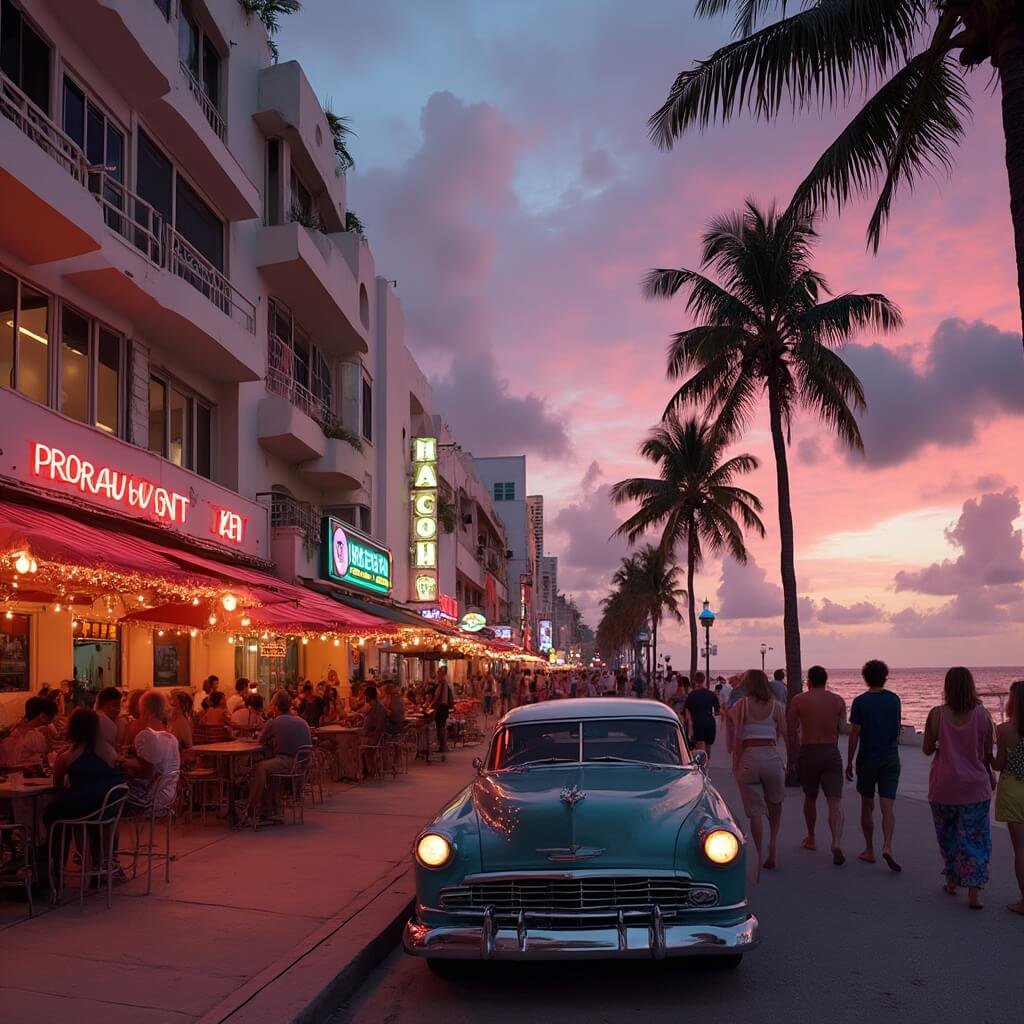 South Beach in May: Your Ultimate Sun-Soaked Paradise Revealed Twilight scene at Ocean Drive, South Beach with neon-lit art deco buildings, bustling outdoor restaurants, a vintage car, swaying palm trees, pedestrians of diverse backgrounds and a sunset sky in hues of pink and orange.