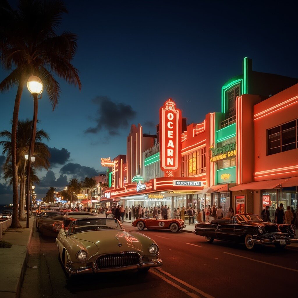 Why South Beach in April is Your Ultimate Escape: Insider's Guide Neon-lit nighttime scene in Miami's Ocean Drive featuring art deco buildings, vintage convertible cars, silhouetted palm trees, and stylish pedestrians under soft warm lighting