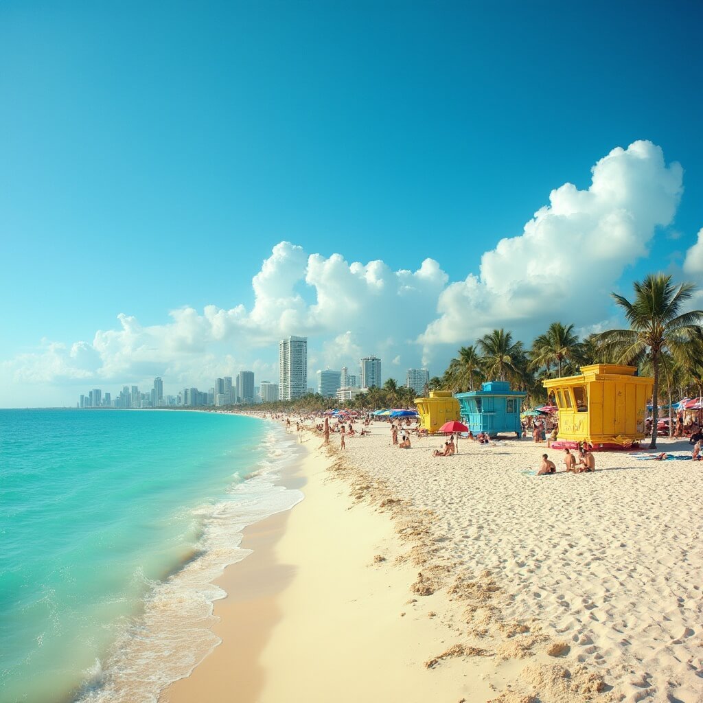 South Beach in May: Your Ultimate Sun-Soaked Paradise Revealed South Beach in May featuring art deco lifeguard towers, turquoise waters, golden sand, colorful umbrellas, sunbathers, palm trees, and distant Miami skyline under a vibrant blue sky