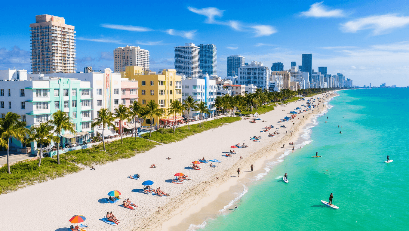"Aerial view of South Beach, Miami in January with colorful art deco buildings, white sand beach, turquoise waters, paddleboarders, rollerbladers, and modern skyline in the background"