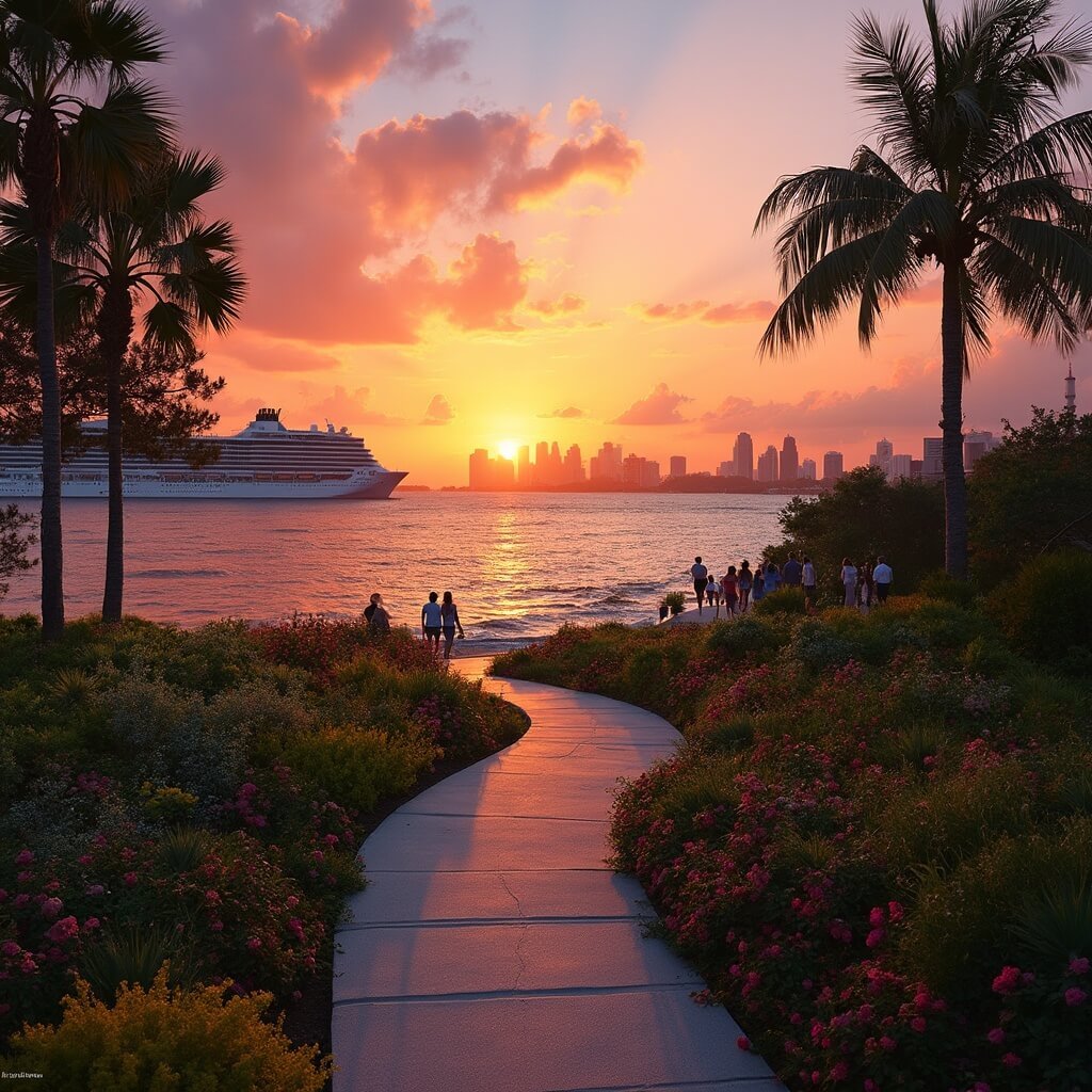 Why March in South Beach is Your Ultimate Tropical Escape (Without the Crowds!) Sunset view from South Pointe Park in Miami Beach with a winding pathway through spring gardens, Miami skyline silhouette, a large cruise ship on the horizon and people enjoying the park's walkways.