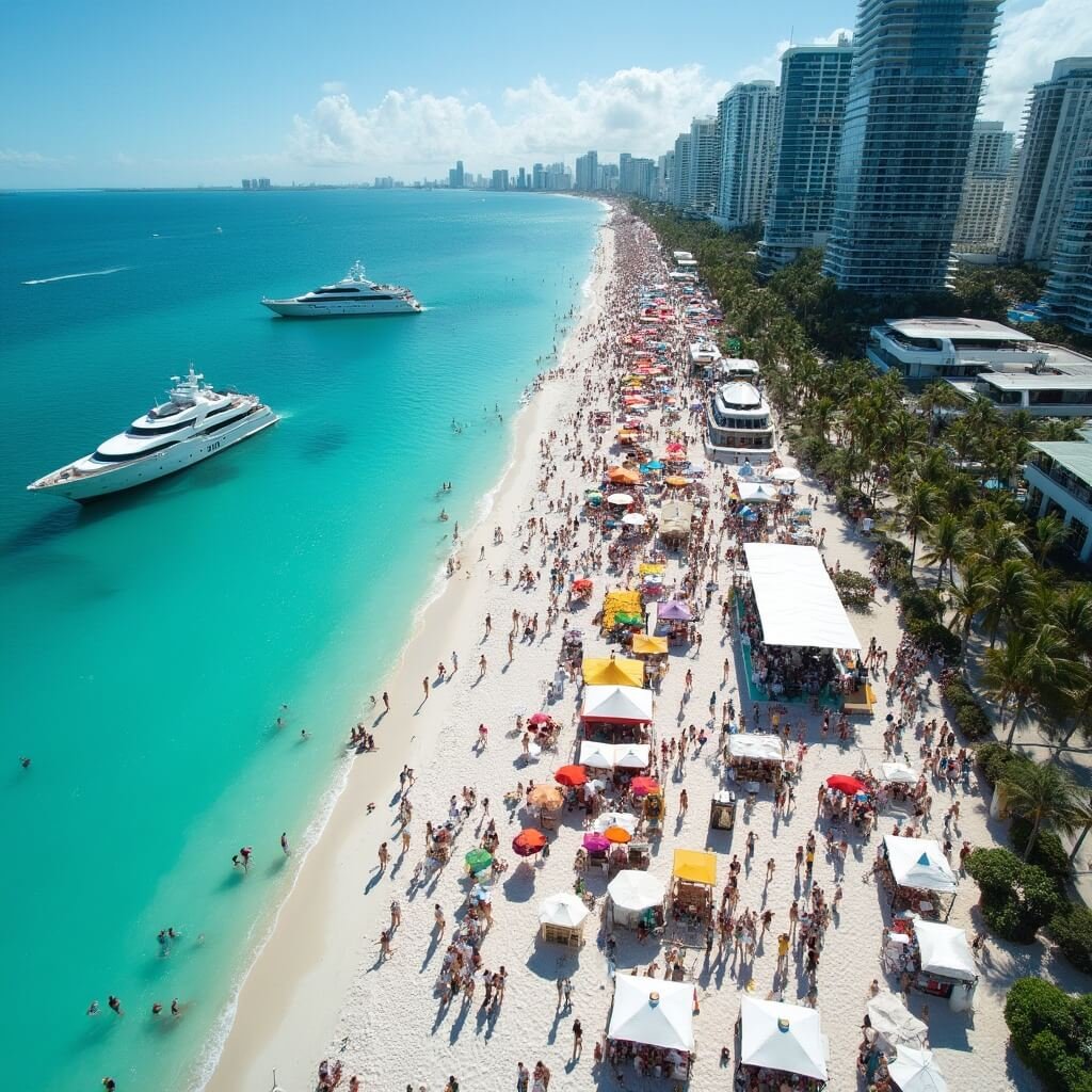 Why South Beach in February is Your Ultimate Winter Escape (Without the Winter Chill!) Aerial view of South Beach Wine & Food Festival with colorful umbrellas on the sand, people around food stalls, celebrity chefs on stages, Miami skyline in the background and yachts offshore.