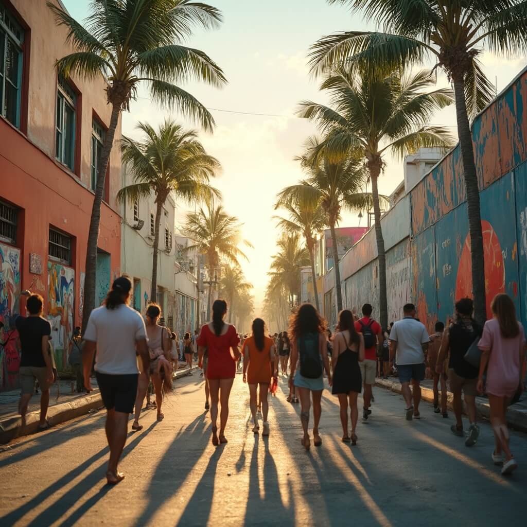 South Beach Miami August: Your Ultimate Guide to Sun, Sand, and Sizzling Summer Adventures Young travelers exploring Wynwood neighborhood in Miami, with vibrant street art murals, palm trees and long afternoon shadows
