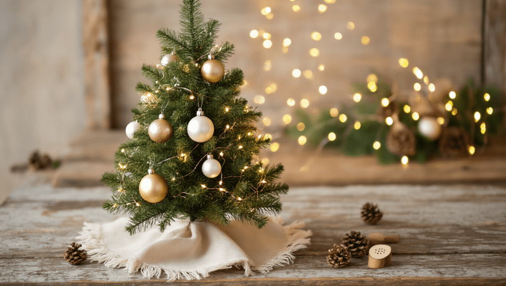 Festive Magic in Miniature: How to Style the Perfect Mini Christmas Tree A close-up of a mini Christmas tree styled with champagne gold and pearl white ornaments, fairy lights, and wooden decorations on a rustic wooden surface, illuminated by warm golden hour light.