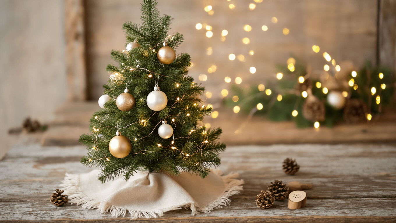 A close-up of a mini Christmas tree styled with champagne gold and pearl white ornaments, fairy lights, and wooden decorations on a rustic wooden surface, illuminated by warm golden hour light.