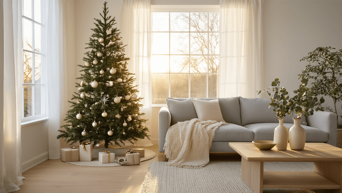 A serene minimalist living room at golden hour featuring a slim pre-lit Christmas tree in a window nook, warm sunlight filtering through sheer curtains, a plush gray linen sofa with a cream throw, and ceramic vases with eucalyptus on a blonde wood coffee table.