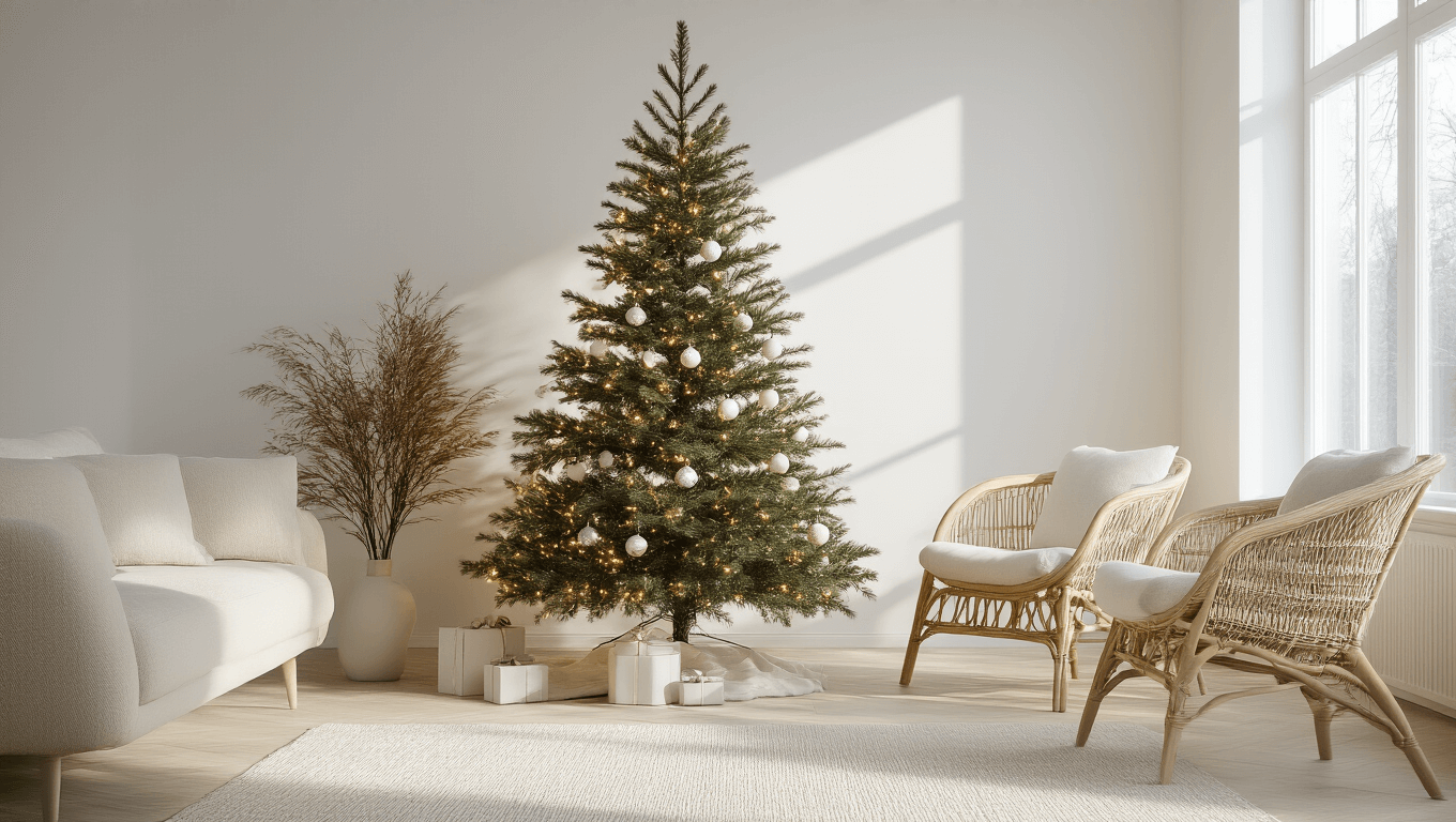 A serene Scandinavian living room with a slim minimalist Christmas tree adorned with warm white LED lights and clear glass ornaments, featuring natural elements like wooden beads and white ceramic baubles, complemented by a cream boucle sofa and woven rattan chair, all bathed in soft winter morning light through floor-to-ceiling windows.