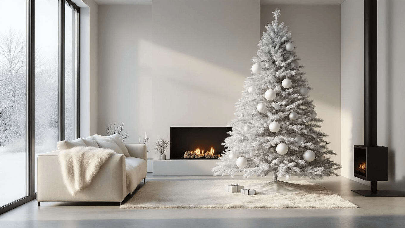 A modern Scandinavian living room featuring a minimalist white Christmas tree adorned with silver baubles, soft afternoon light illuminating polished concrete floors and a cream linen sofa.