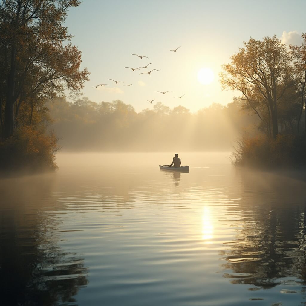 Lakeland's October: Your Ultimate Insider's Guide to Florida's Hidden Autumn Playground 🍂🌞 Lone kayaker paddling on misty Lakeland, Florida lake at sunrise, with golden light through cypress trees, airborne sandhill cranes overhead, and fall foliage reflection on water