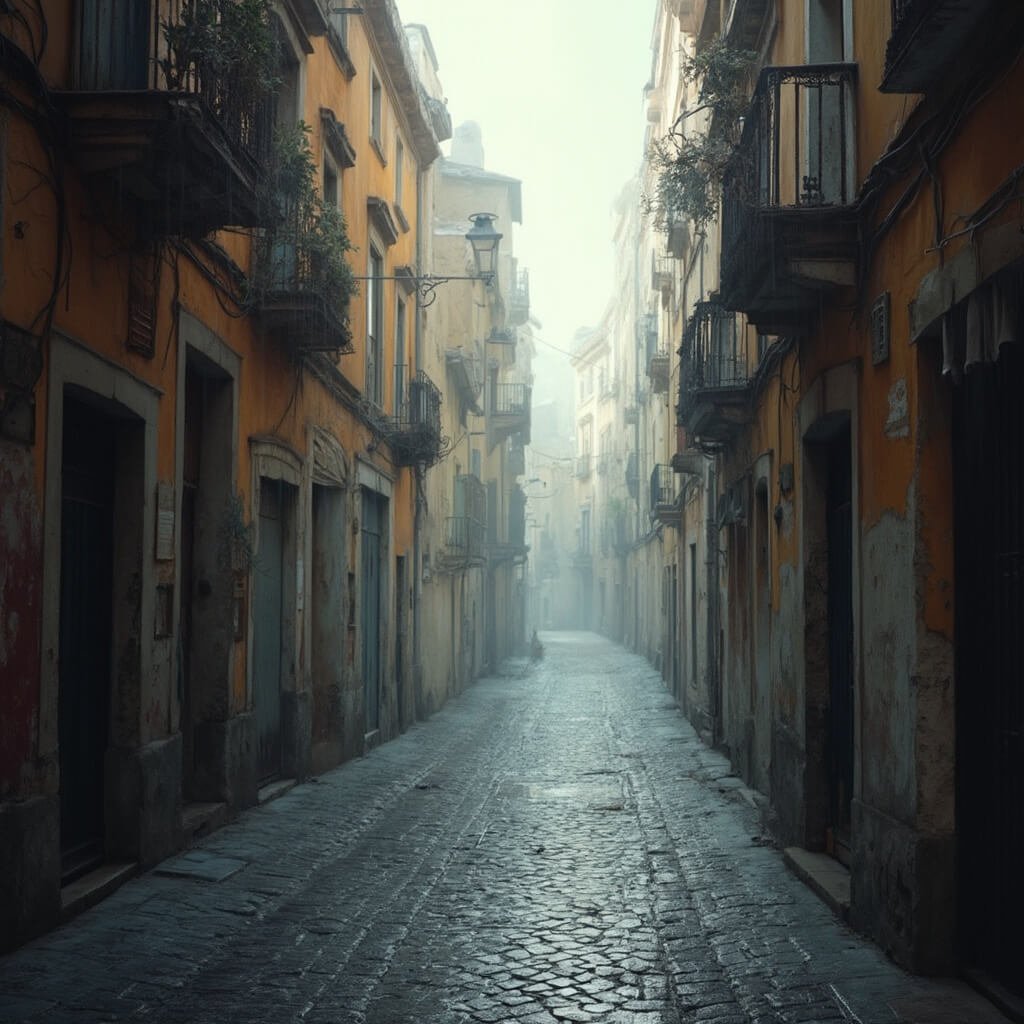 Naples in November: Your Ultimate Low-Season Travel Guide Empty misty Neapolitan cobblestone street in early morning light with old historic buildings, soft autumnal colors, and gentle rain, encapsulating the tranquil transition from fall to winter in Naples