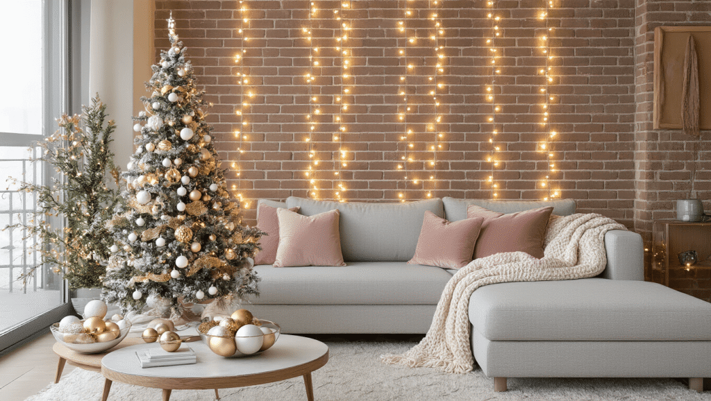 Tiny Space, Big Holiday Cheer: The Ultimate Apartment Christmas Decor Guide Cinematic wide-angle shot of a cozy modern apartment living room decorated for Christmas, featuring a slender tree with white and gold ornaments, a light gray sectional sofa with blush pillows, warm string lights on an exposed brick wall, and layered ornaments on a marble coffee table, all bathed in soft afternoon sunlight.