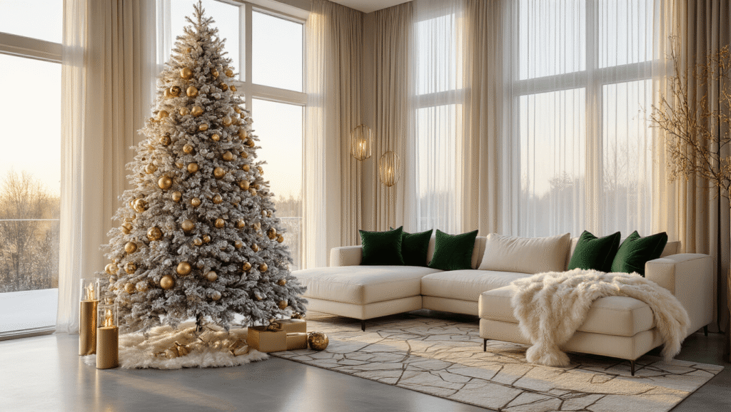 Modern Christmas Decor 2025: Elevate Your Holiday Style with Minimalist Magic A luxurious modern living room featuring a flocked Christmas tree with gold and crystal ornaments, a cream sectional sofa, and polished concrete floors, illuminated by warm golden hour light streaming through floor-to-ceiling windows.