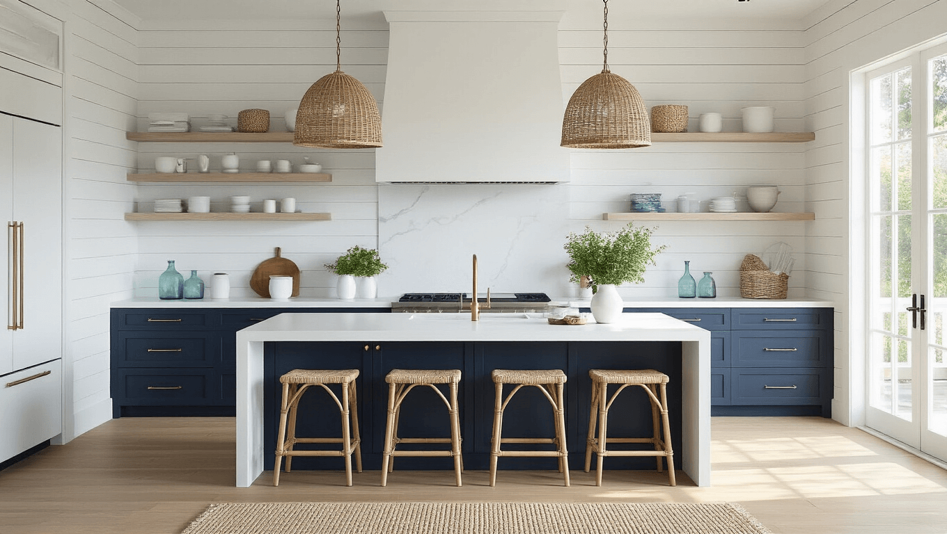 Photorealistic image of a sunlit modern coastal kitchen featuring white shiplap walls, bleached oak floors, a massive quartz island, navy lower cabinets, rattan pendant lights, and coastal decor, captured in golden hour light with hyper-detailed textures.