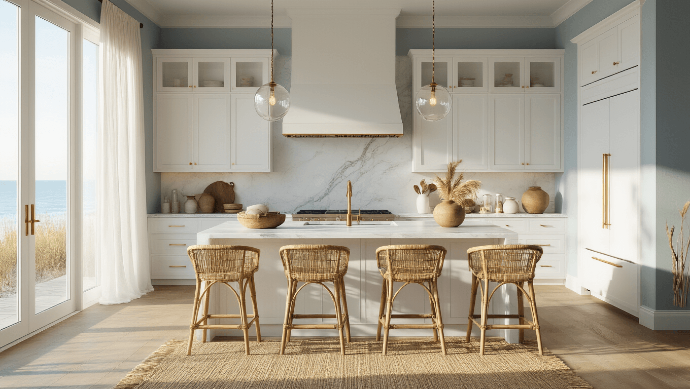 A sun-drenched modern coastal kitchen featuring white shaker cabinets, a marble waterfall island, and rattan stools, illuminated by golden hour light through floor-to-ceiling windows, with soft blue-gray walls and ethereal linen curtains.