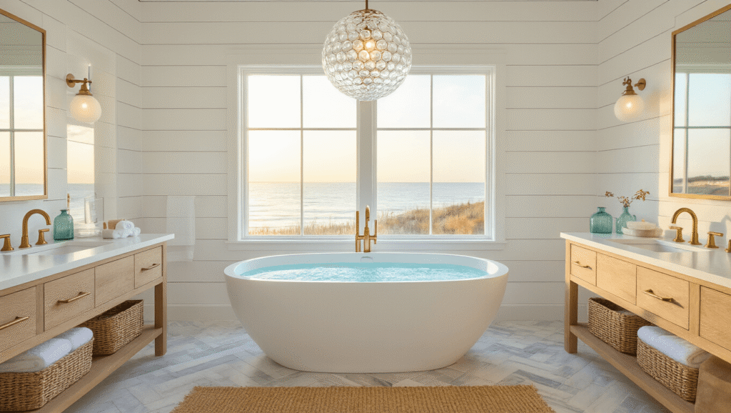 Transform Your Bathroom into a Serene Coastal Retreat: The Ultimate Modern Coastal Design Guide Photorealistic image of a luxurious modern coastal bathroom during golden hour, featuring a freestanding white soaking tub, light wood double vanity, and sea glass accents, with warm natural light illuminating the serene space.