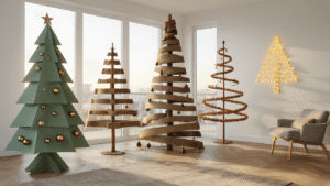 DIY Christmas Trees: Unleash Your Creativity This Holiday Season Cinematic interior shot of a modern living room featuring five unique DIY Christmas trees, including a sage green cardboard tree, a weathered oak plank tree, a metallic balloon trellis tree, a natural pinecone spiral tree, and a wall-mounted LED string art tree, all beautifully lit by golden hour sunlight streaming through floor-to-ceiling windows.