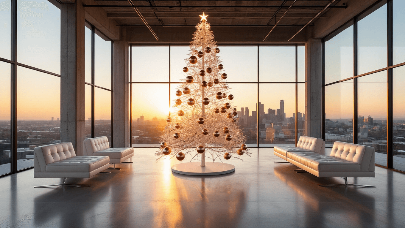 An expansive modern loft living room at golden hour featuring a minimalist acrylic Christmas tree adorned with rose gold and chrome geometric ornaments, illuminated by smart LED strips, with polished concrete floors and floor-to-ceiling windows casting warm sunset light and long shadows.
