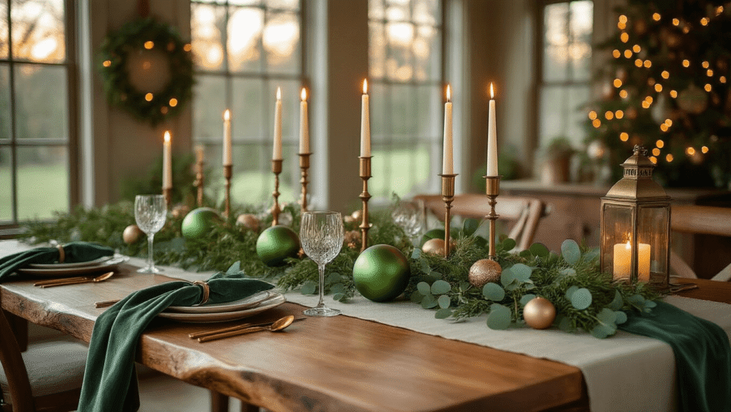 Cinematic holiday dining room with a live-edge walnut table, eucalyptus green linen runner, brass candlesticks, oversized glass ornaments, fresh eucalyptus garland, velvet napkins, vintage lanterns, and fairy lights, all bathed in warm golden hour light.