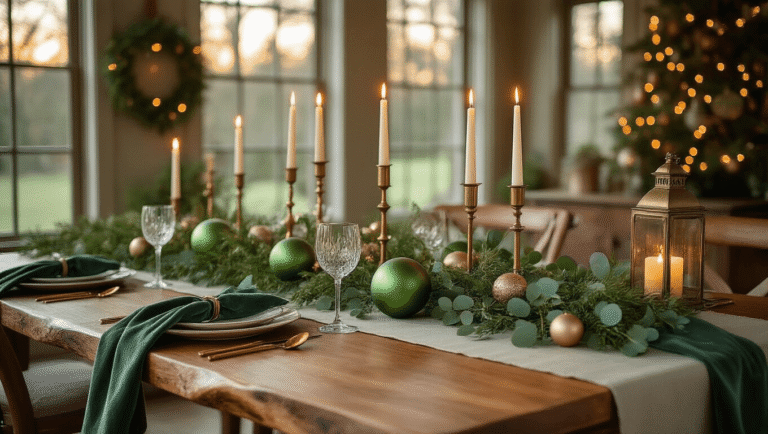 Cinematic holiday dining room with a live-edge walnut table, eucalyptus green linen runner, brass candlesticks, oversized glass ornaments, fresh eucalyptus garland, velvet napkins, vintage lanterns, and fairy lights, all bathed in warm golden hour light.