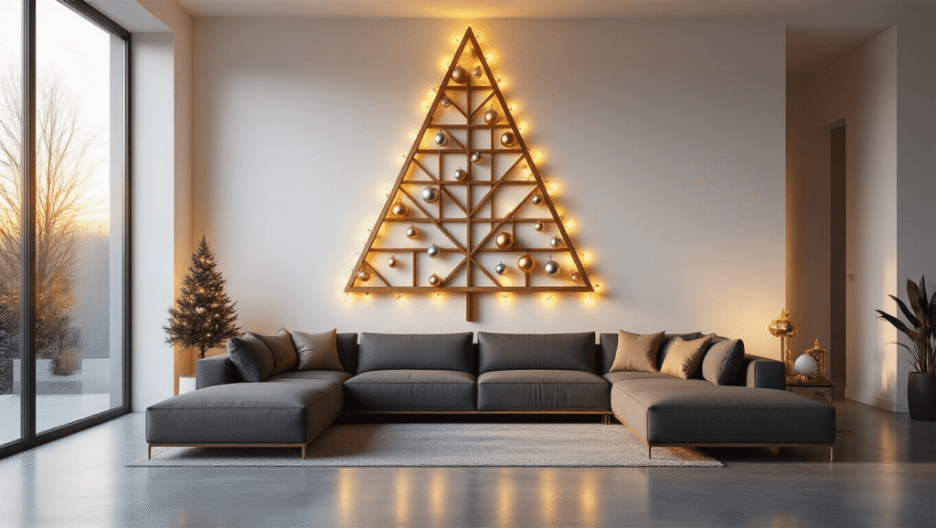 A modern living room featuring a triangular wall Christmas tree made of wooden lattice, adorned with warm white LED lights and mixed gold and silver ornaments, set against a white wall, with a charcoal gray sectional sofa below and golden hour sunlight streaming through large windows.
