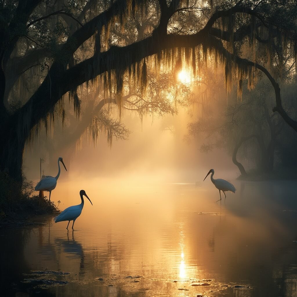 Roseate spoonbill wading in a misty river at sunrise with wood storks and herons perched on moss-draped oak trees at Myakka River State Park