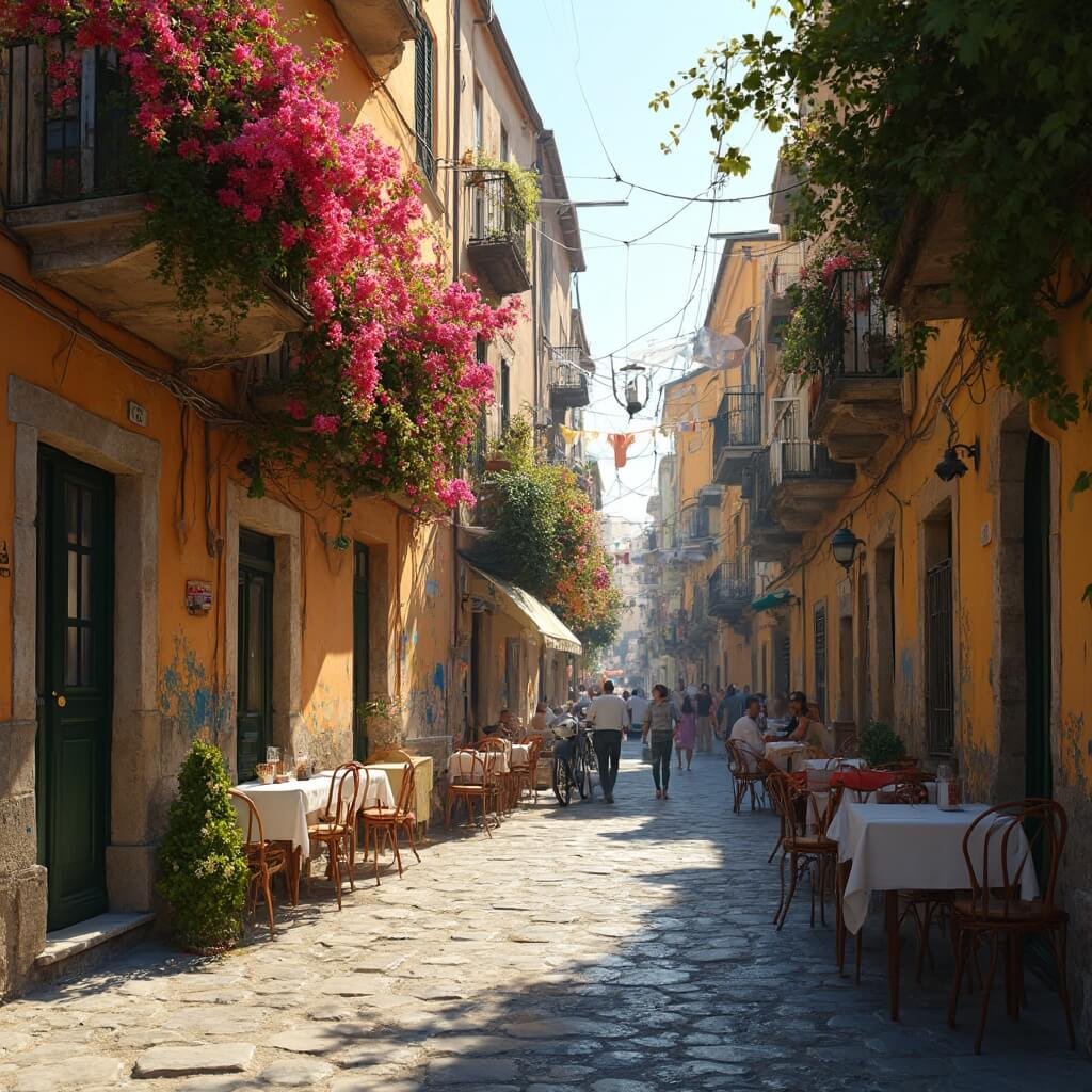 Naples in May: Your Ultimate Mediterranean Escape Photorealistic image of a vibrant Neapolitan street in May with cobblestone alley, flowering bougainvillea on weathered balconies, laundry lines between buildings, locals at outdoor cafes and afternoon light filtering through historic architecture