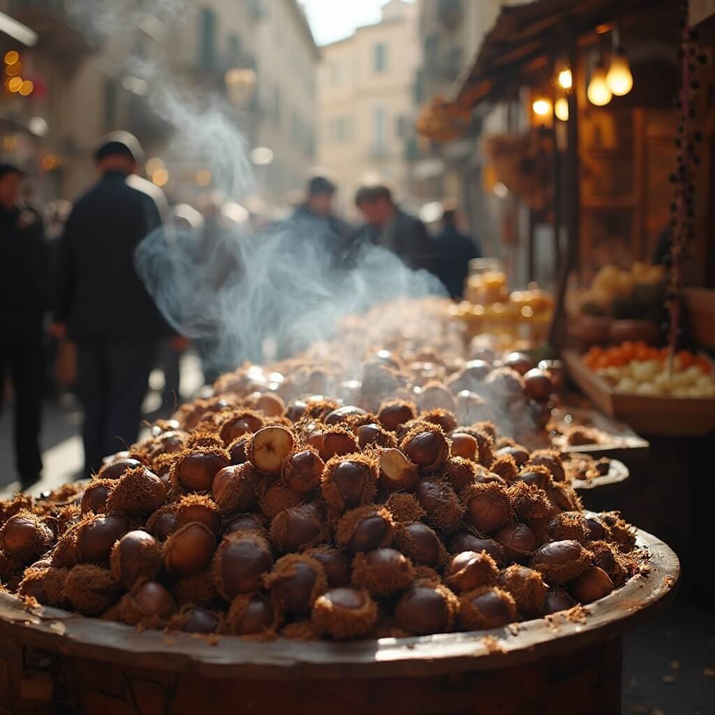 Naples in November: Your Ultimate Low-Season Travel Guide Traditional Italian street market in Naples during autumn, featuring roasted chestnuts preparation, wooden stalls with seasonal produce, people with steamy breath in cool air, historical buildings in the soft focus background