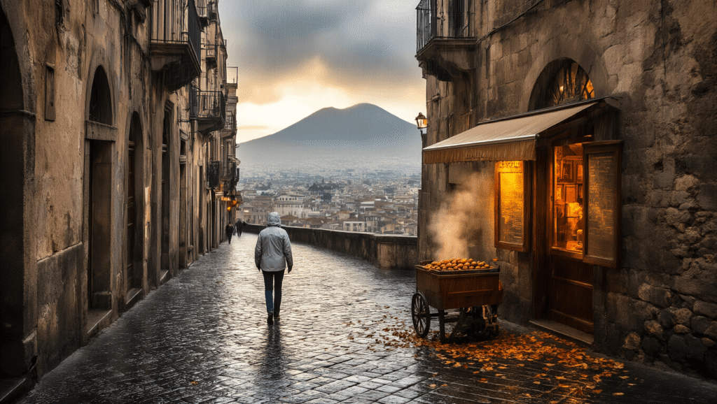 "Solo traveler walking on Naples' cobblestone streets with ancient buildings, lit cafe window, street vendor roasting chestnuts and the Vesuvius mountain faint in the misty background, capturing Southern Italy's off-season charm."
