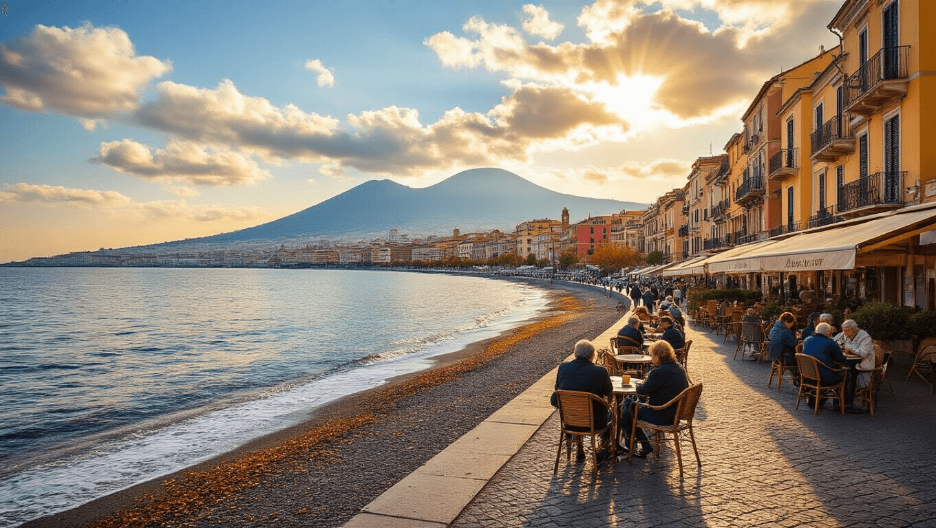 "Autumn scene in Naples with locals enjoying coffee under warm sunlight on the waterfront promenade, colorful buildings lining the coastline, Mount Vesuvius under a partly cloudy sky, and fallen leaves indicating a peaceful off-season period."