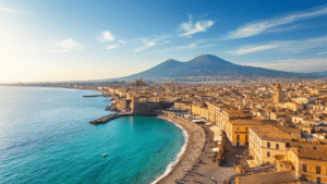 Why September in Naples Will Blow Your Mind: The Ultimate Mediterranean Escape Guide "Aerial view of Naples, Italy highlighting the Bay of Naples, Mount Vesuvius, historic city center, Castel dell'Ovo and tourists enjoying gelato under clear blue skies in September sunlight."
