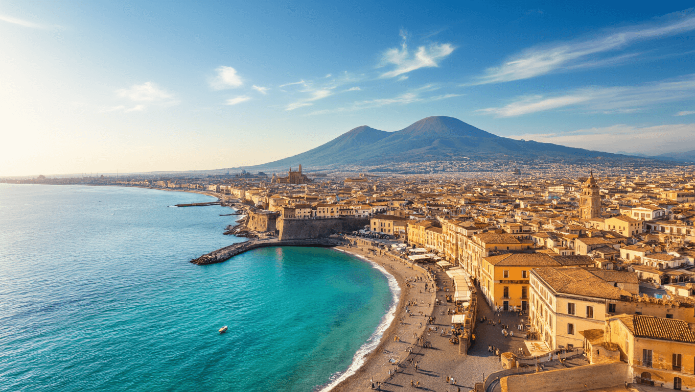 "Aerial view of Naples, Italy highlighting the Bay of Naples, Mount Vesuvius, historic city center, Castel dell'Ovo and tourists enjoying gelato under clear blue skies in September sunlight."