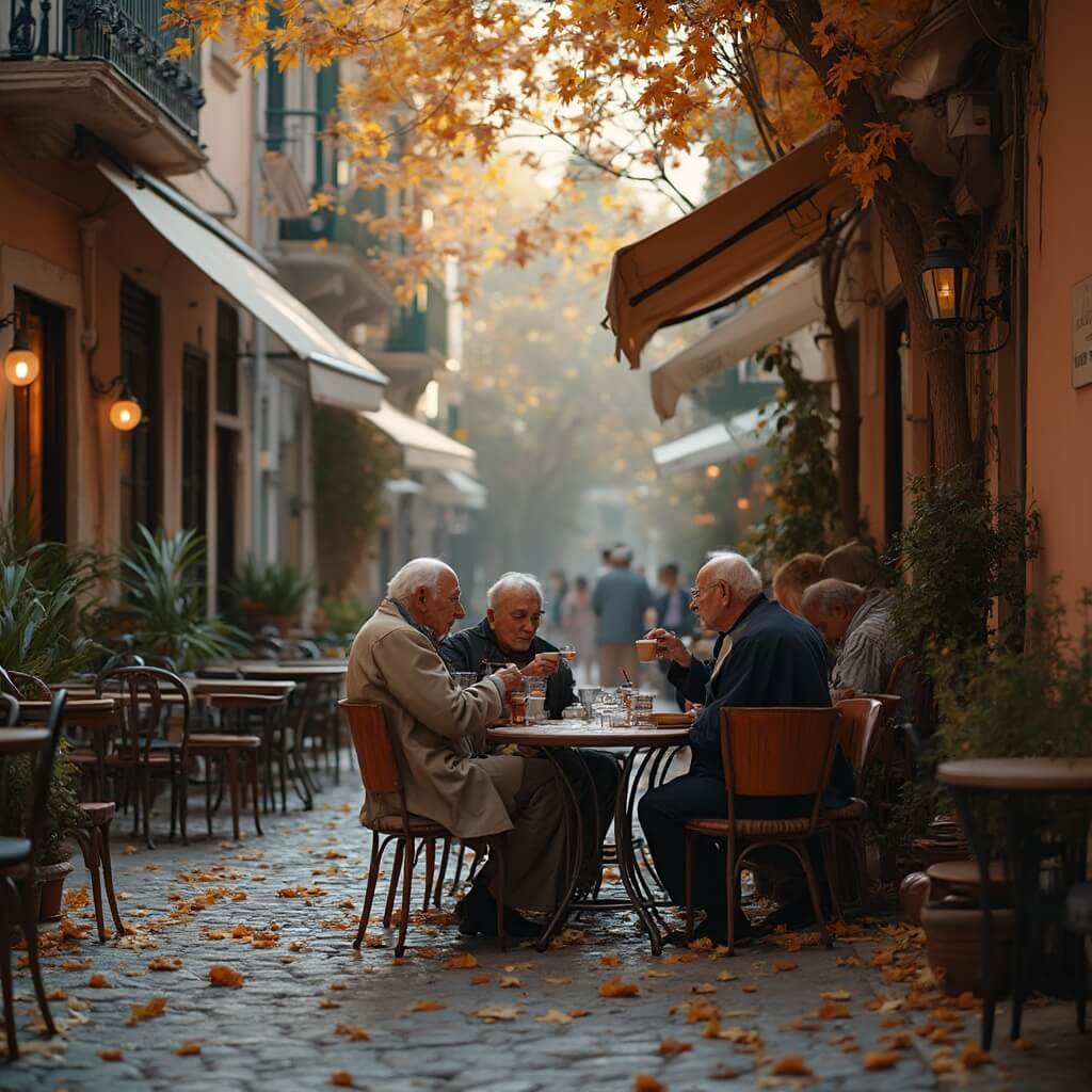 Naples in October: Your Ultimate Off-Season Mediterranean Escape Elderly men enjoying espresso at an intimate outdoor café in Naples, surrounded by vintage chairs, wooden tables, and autumn leaves on a cobblestone street in soft morning light, with traditional Neapolitan architecture in the background and a warm earthy color palette.