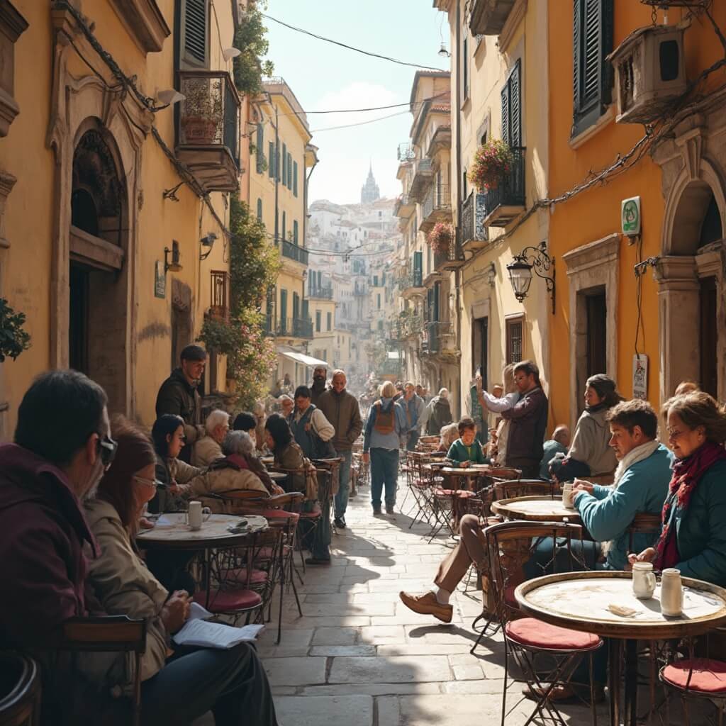 🌊 Why Naples in March? Your Ultimate Insider's Guide to Italy's Most Unpredictable Shoulder Season Destination Bustling cafe terrace in Naples with locals in light jackets, espresso cups on marble tables, surrounded by ancient architecture under soft spring sunlight, with view of a narrow side street and terracotta rooftops, in a Mediterranean color palette of warm ochres and soft blues.