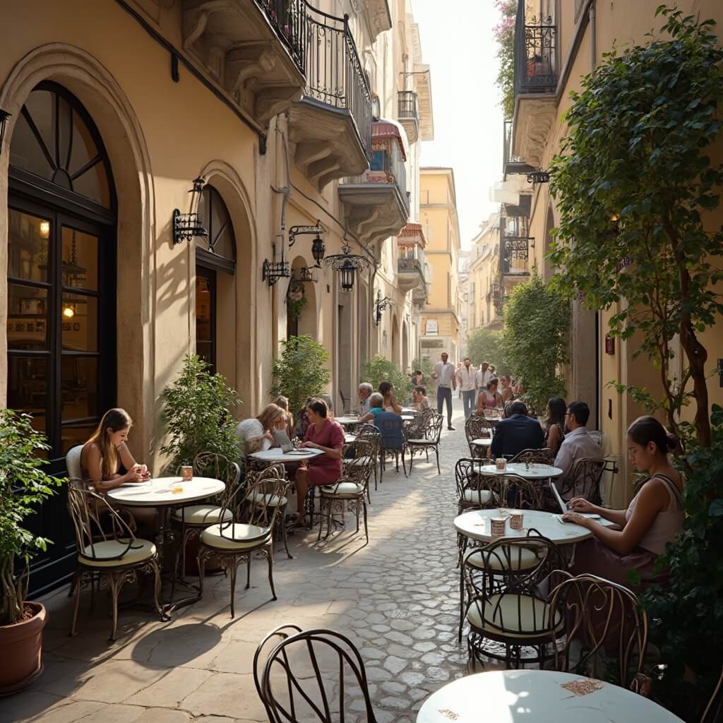 Naples in April: Your Ultimate Spring Travel Guide Individuals working on laptops at an outdoor cafe in Naples' Piazza Dante, surrounded by 15th-century palazzo architecture, wrought iron balconies, and Mediterranean plants