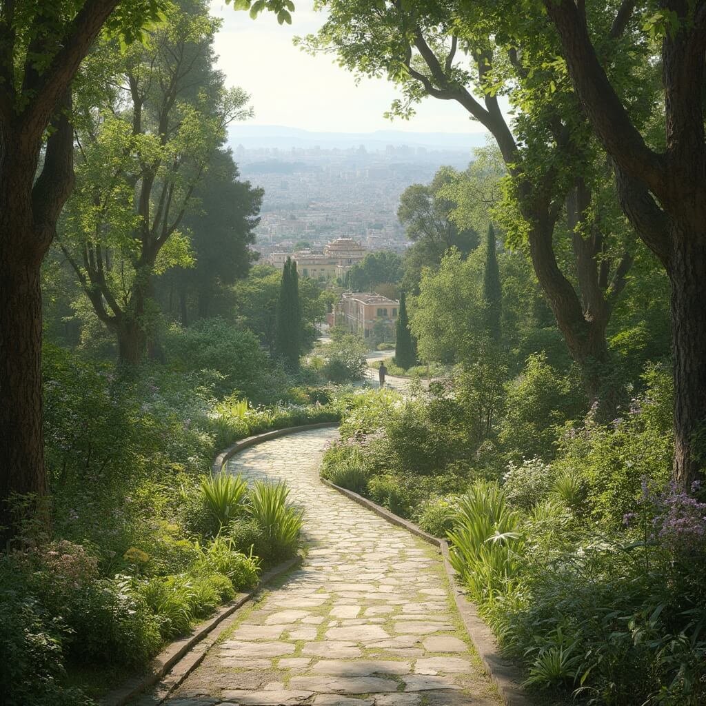 Naples in April: Your Ultimate Spring Travel Guide Spring bloom in Capodimonte Park with lush gardens, ancient trees, sunlight through leaves, ornate pathways, view of Naples cityscape, spring flowers, and detailed botanical elements in a tranquil atmosphere