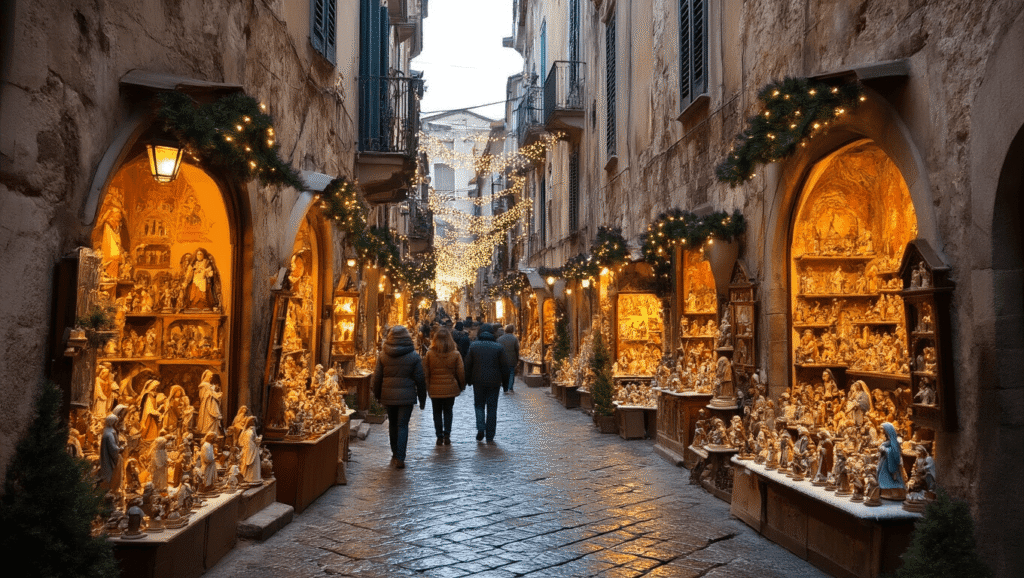 Naples in December: Your Ultimate Winter Travel Hack (No Summer Crowds Guaranteed!) "Winter scene of Via San Gregorio Armeno in Naples with tourists exploring traditional Italian artisan shops, ancient architecture, handcrafted nativity scenes and Christmas decorations under an overcast sky."
