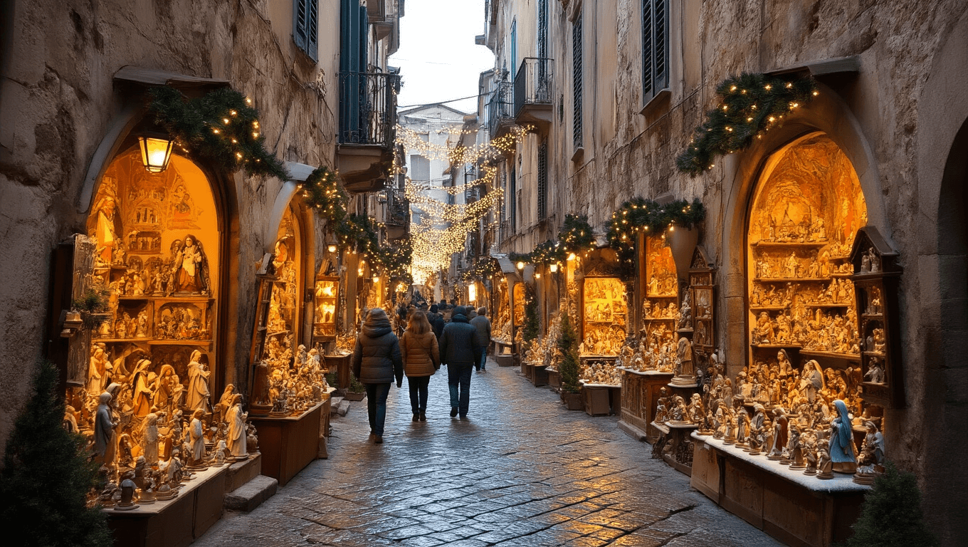 "Winter scene of Via San Gregorio Armeno in Naples with tourists exploring traditional Italian artisan shops, ancient architecture, handcrafted nativity scenes and Christmas decorations under an overcast sky."