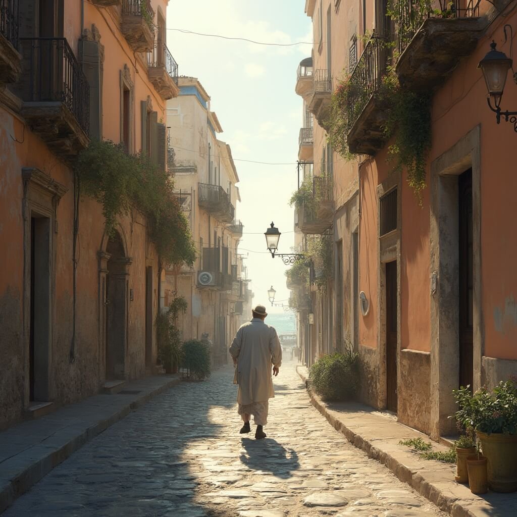 Why September in Naples Will Blow Your Mind: The Ultimate Mediterranean Escape Guide Elderly local strolling on cobblestone street in historic Naples with pastel-colored buildings, wrought iron balconies, and a distant view of the Mediterranean Sea in warm golden-amber morning light