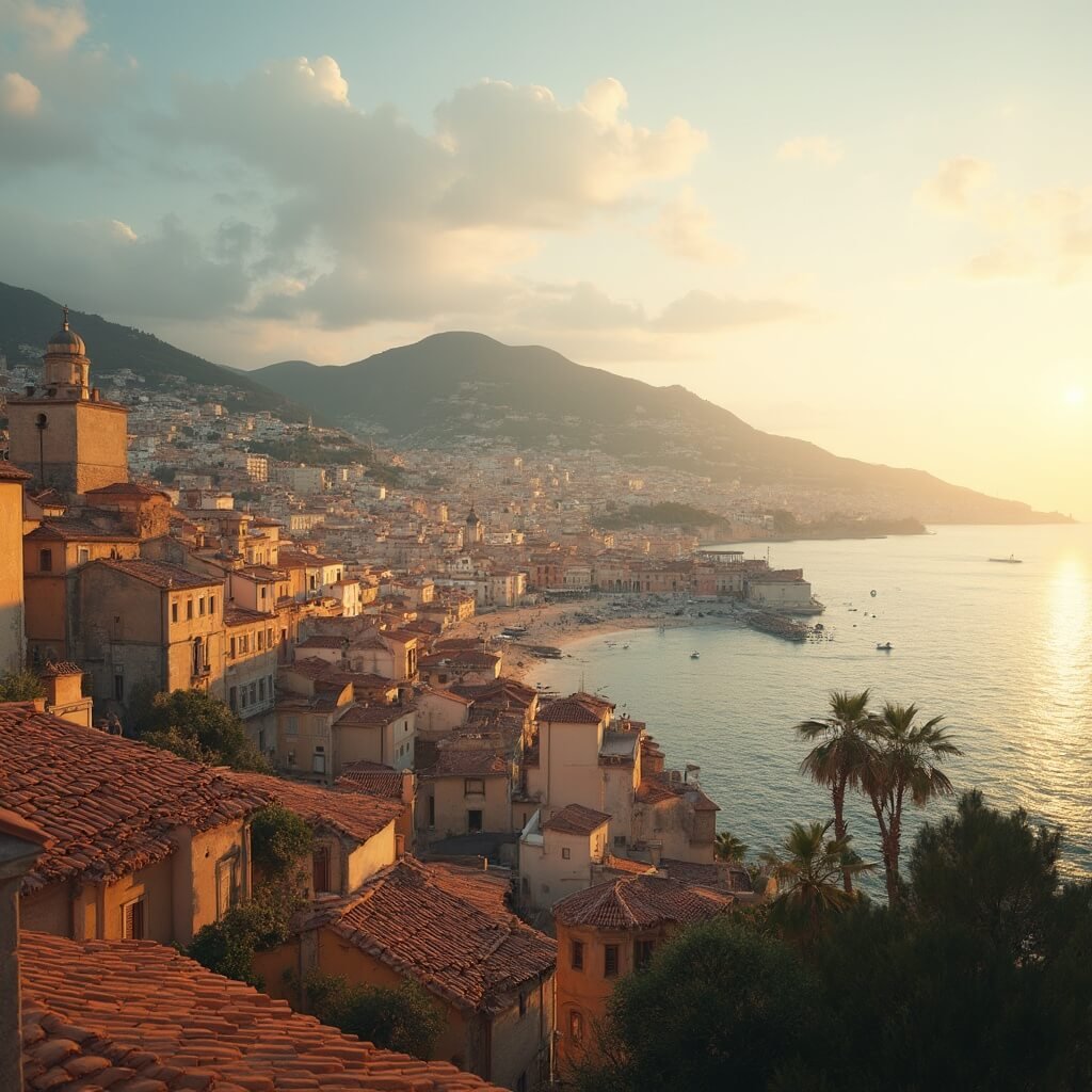 Why September in Naples Will Blow Your Mind: The Ultimate Mediterranean Escape Guide Panoramic view of Naples coastline during golden hour with warm sunlight casting shadows on terracotta rooftops, Mount Vesuvius in background, clear Mediterranean waters and detailed traditional architecture